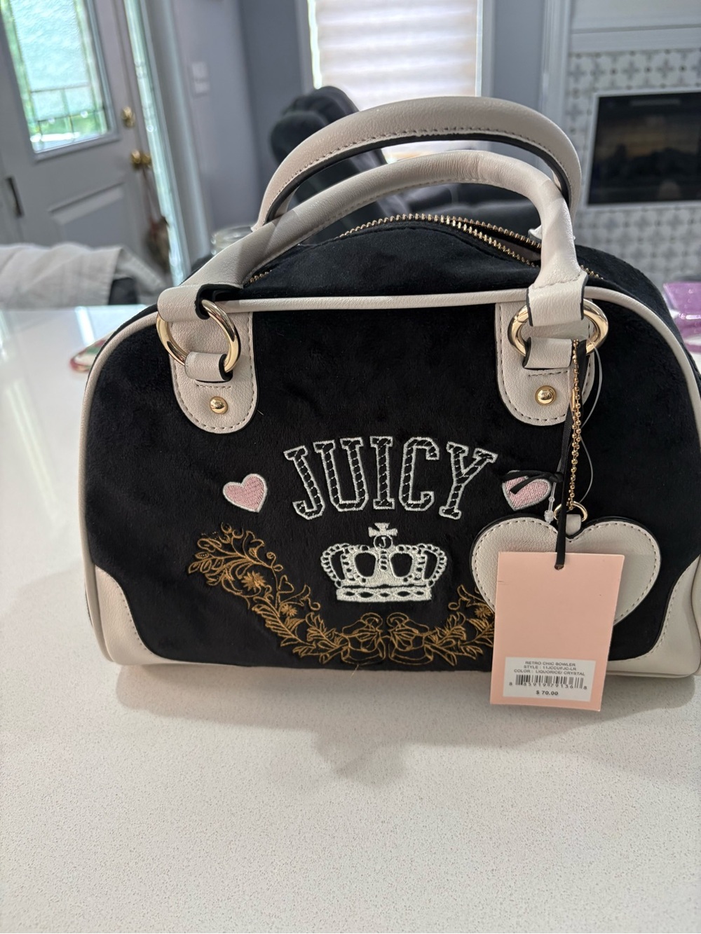 Juicy Couture Black Satchel with White Trim and Pink Accents